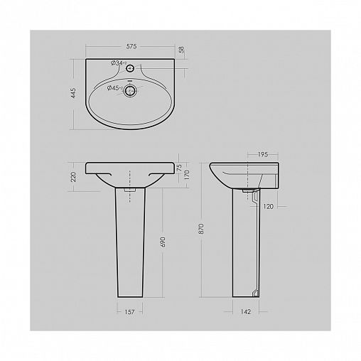 Раковина Sanita Самарская 57 ВКС, 57,5 x 44,5 x 22 см, белая фото