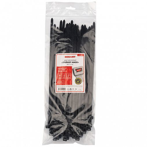 Хомут-стяжка с тройным замком Rexant, нейлон, 7,6 x 300 мм, 100 шт, черный фото