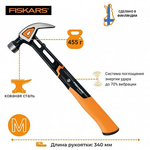 Молоток-гвоздодер Fiskars M, двухкомпонентная рукоятка, 455 г фото